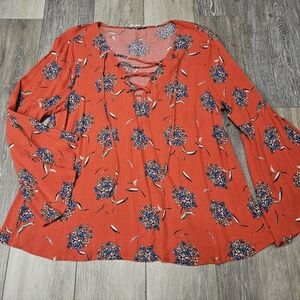Anthropolgie Oddy Micro Floral Flare Bell Sleeve Blouse Lace Up Women's Medium